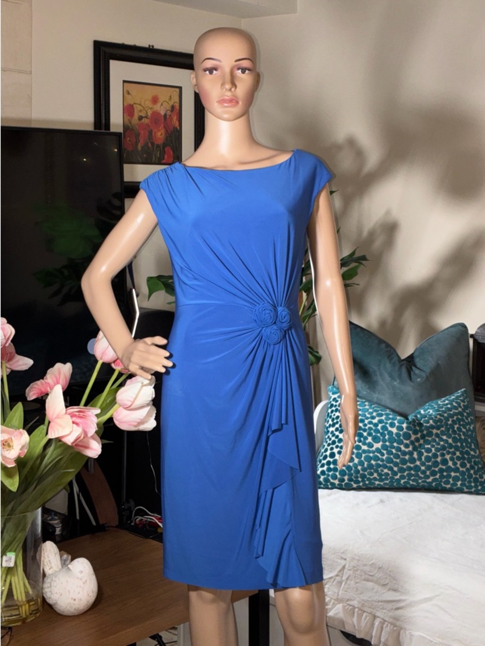 Jones New York Royal Blue Gathered Rosette Midi Dress